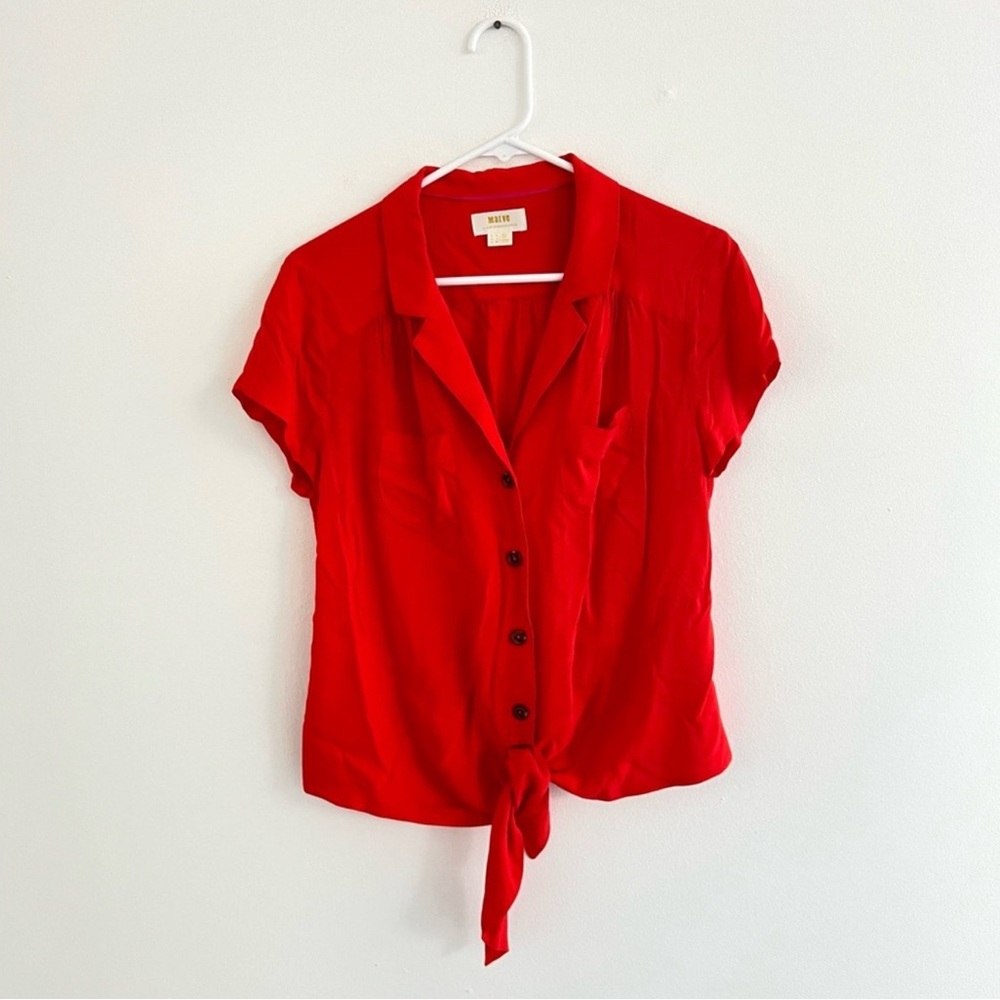 Maeve Red Notched Collar Tie Front Blouse